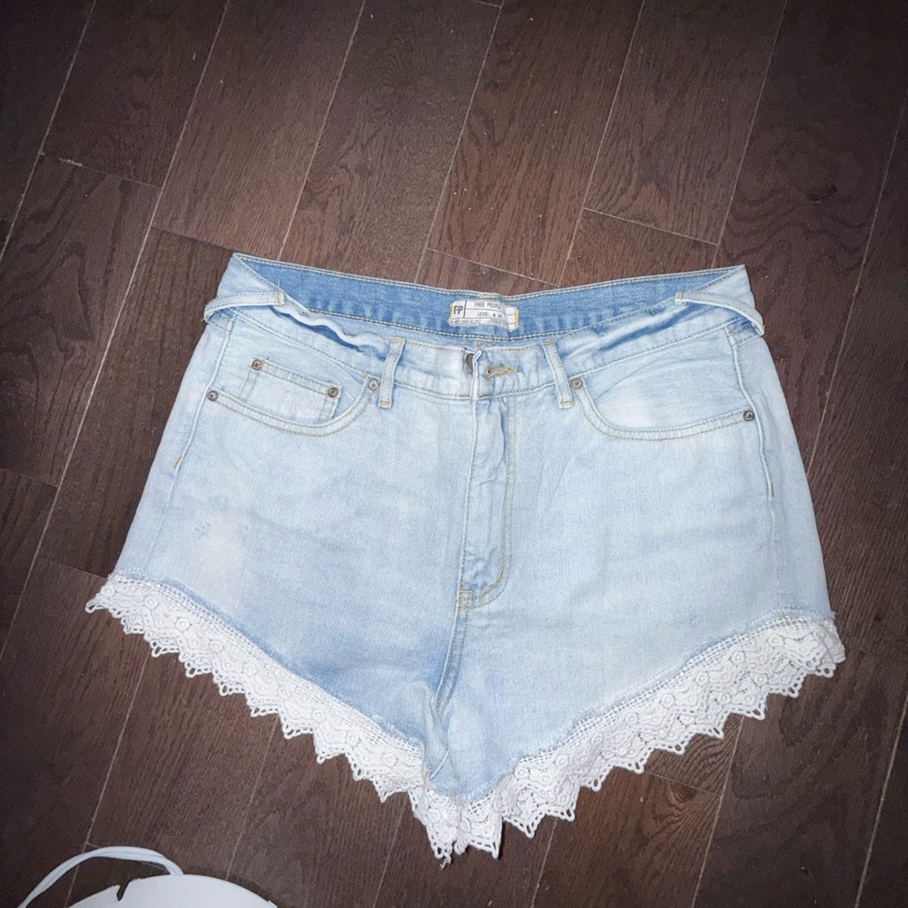 Free People Light Blue Jean Shorts with Lace Trim